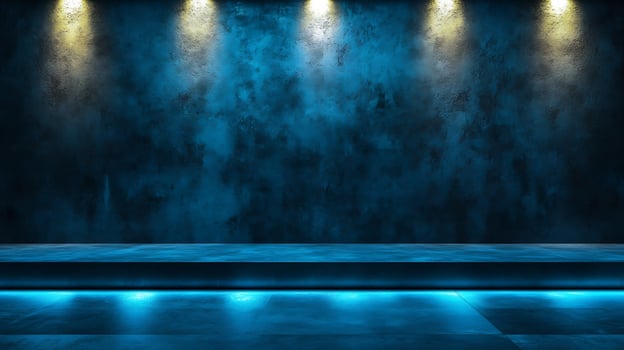 Dramatic Empty Dark Blue Studio Room with Spotlights and Concrete Floor photo