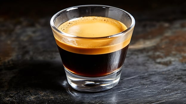 Dark Rich Espresso Shot in Glass on Rustic Background for Cafes and Coffee Lovers photo