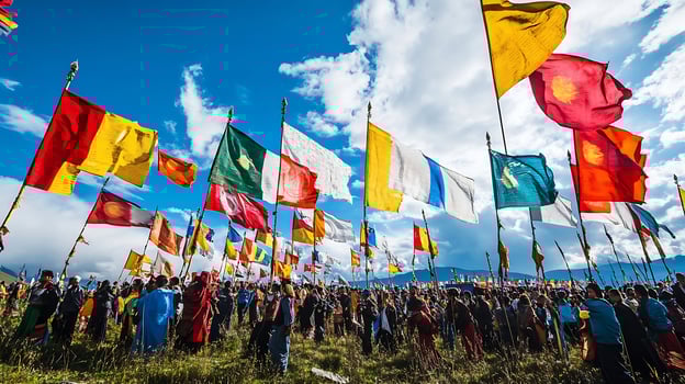 Vibrant Traditional Celebration with Colorful Flags Waving in the Wind Against a Bright Blue Sky photo