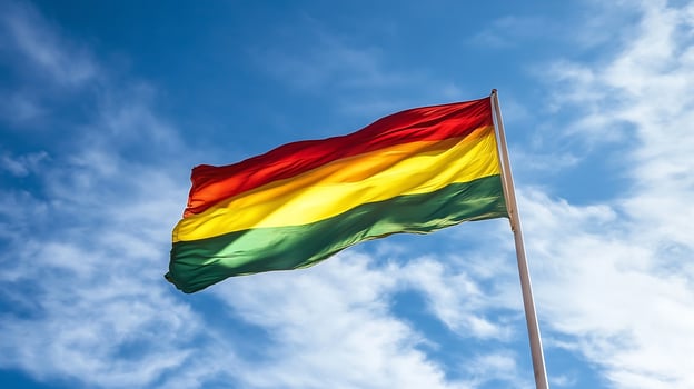 Waving Flag with Red, Yellow, and Green Stripes Under Bright Blue Sky photo