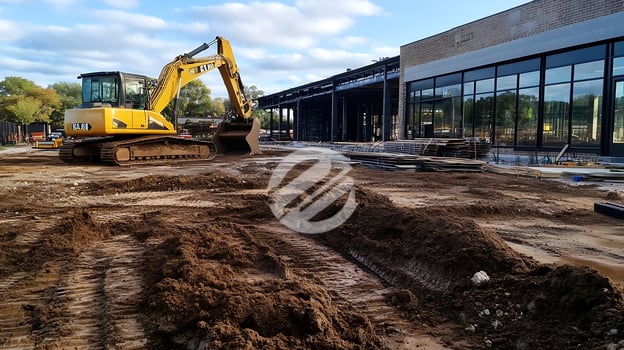 Excavator on construction site preparing ground for commercial building development photo