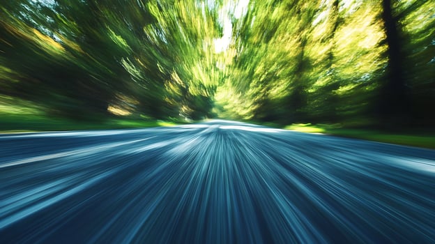 Blurred motion abstract of forest road with lush green trees perfect for nature speed landscape photo