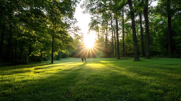 Tranquil Sunrise Through Lush Green Forest in Peaceful Nature Setting photo
