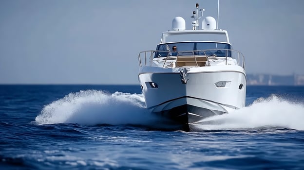 Luxury Yacht Speeding Across Open Ocean With Clear Blue Sky and Splashes of Water photo