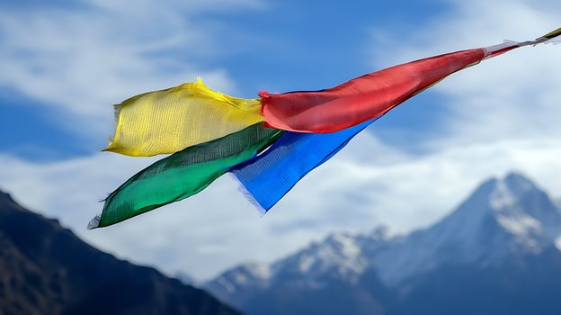 Colorful Prayer Flags Fluttering in Majestic Mountain Backdrop photo