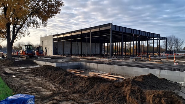 Early Stages of Industrial Building Construction with Earth Movers and Steel Framework photo