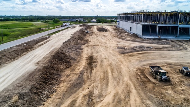 Aerial View of Construction Site in Progress Surrounded by Fields photo