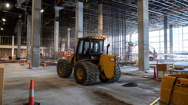 Construction Loader in Large Unfinished Building with Exposed Roof Beams photo