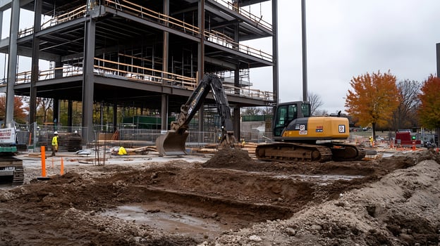 Steel Structure and Excavation at Modern Construction Site with Autumn Foliage photo