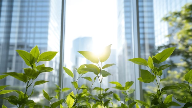 Urban Greenery Concept with Sunlit Plants Against Modern Skyscraper Background photo