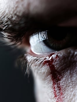 Dark Close-Up of Human Eye with Bold Red Highlights and Intense Emotion photo