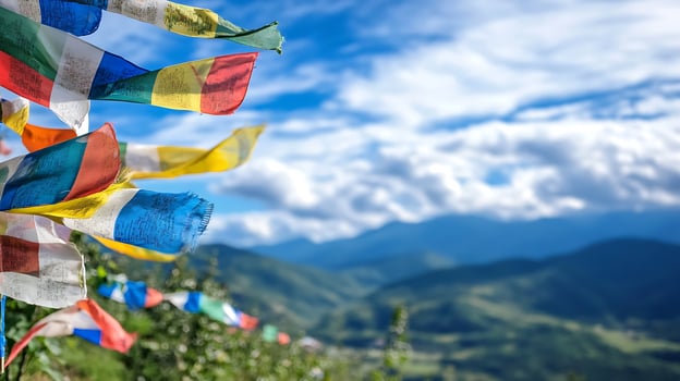 Colorful Tibetan Prayer Flags Fluttering in Mountain Breeze for Spiritual Tranquility and Cultural Essence photo
