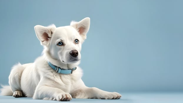 Charming White Dog with Blue Eyes and a Light Blue Collar on a Harmonious Blue Background photo