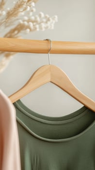 Casual clothing hangers showcasing a soft green top in a minimalist interior with neutral colors and natural decor during daylight photo