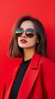 A woman with a modern hairstyle poses confidently against a vibrant red background, wearing stylish sunglasses and a bold red jacket photo