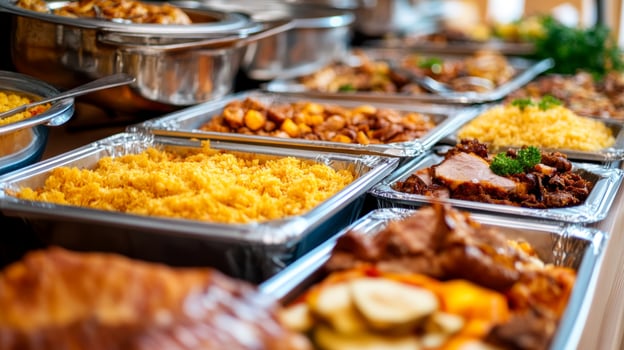 A colorful buffet spread with various dishes served on stainless steel trays in a festive dining setting photo