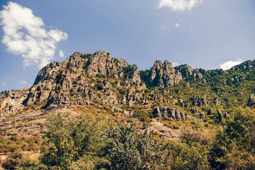 Landscape of Crimea mountains, lovely range in haze summer photo