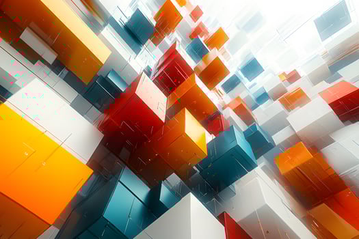 Abstract Geometric 3D Cubes Art in Orange, Blue, and White - Modern Design for Contemporary Spaces photo