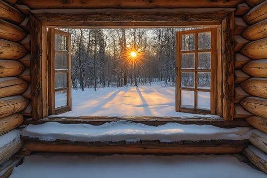 Winter Sunrise Through Wooden Cabin Window Nature's Tranquility for Seasonal Inspiration photo