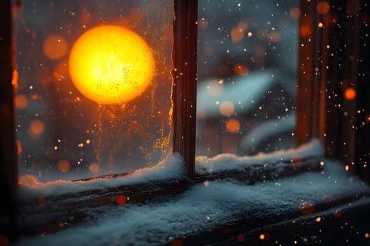Winter Evening Serenity Cozy Snowfall and Warm Glow at Sunset photo
