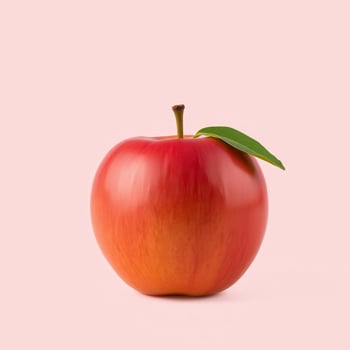 A single red apple with a green leaf sits on a pink background photo