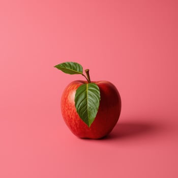 A single red apple with green leaves sits on a pink background photo