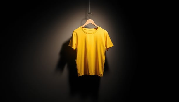 A Plain Yellow T-Shirt Hanging on a Wooden Hanger in a Dark Room photo