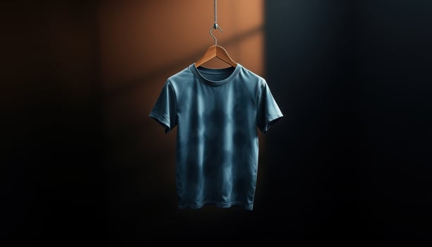 Blue T-Shirt Hanging on a Wooden Hanger in a Dark Room photo