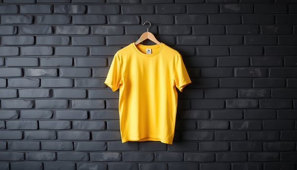 Yellow T-Shirt Hanging on Wooden Hanger Against a Black Brick Wall photo