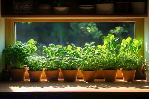Sunlit Window Herb Garden with Fresh Green Potted Plants for Home Decor photo