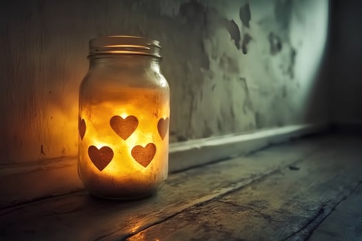 A romantic candle in a glass jar adorned with hearts, set against the background of a wall. Perfect for themes of love, coziness, and celebrations. photo