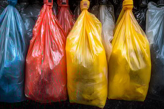 Colorful Plastic Bags with Content Display Against Dark Background photo