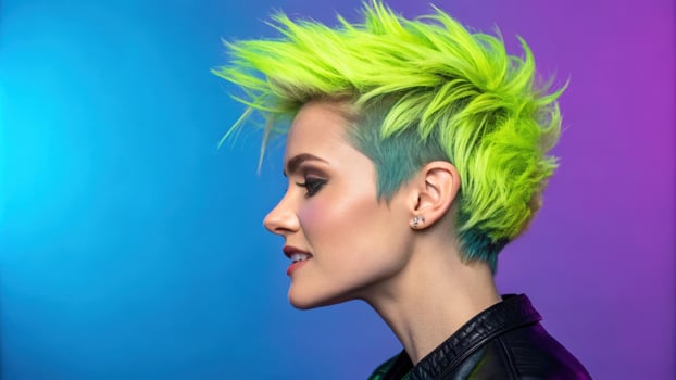 A charismatic portrait of a person with bold asymmetrical hair showcasing bright lime green highlights. The neon blue and purple backdrop illuminates the hairs texture and color. photo