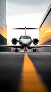 A private jet sits ready on a runway surrounded by modern buildings at sunset in an urban setting photo