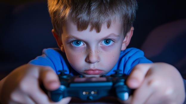 Young boy intensely playing games in a dimly lit room during an evening gaming session photo