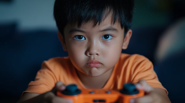 Young boy playing games indoors with serious expression while holding an orange game controller in the evening light photo