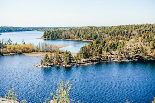 Landscape blue lovely deep lake light sun, clouds sky mountains Ladoga skerries Karelia photo