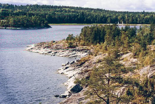 Landscape blue nice deep lake light sun, clouds sky mountains Ladoga skerries Karelia photo