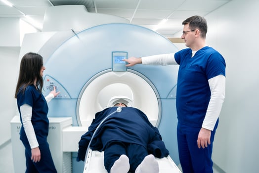 Medical scientific hospital laboratory meeting. Diverse team of neurologists, neuroscientists, neurosurgeons taking MRI, CT scan of patient, Talk About Treatment Method, New Drugs Cure photo