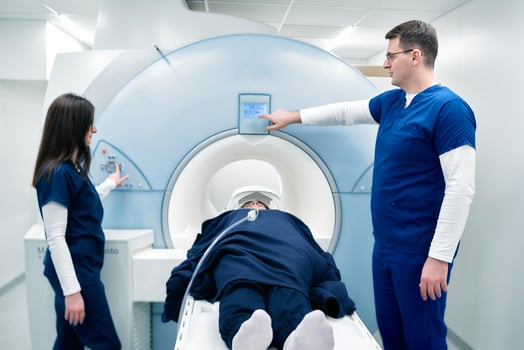Medical scientific hospital laboratory meeting. Diverse team of neurologists, neuroscientists, neurosurgeons taking MRI, CT scan of patient, Talk About Treatment Method, New Drugs Cure photo