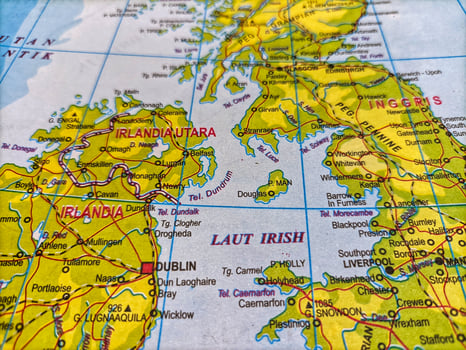 The Irish Sea on the map divides mainland England and mainland Ireland. photo
