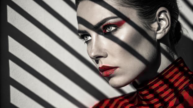 A dramatic portrait of a woman with bold angular shadow patterns in black and crimson. The stark contrast highlights her fierce gaze and strong facial structure creating an. photo