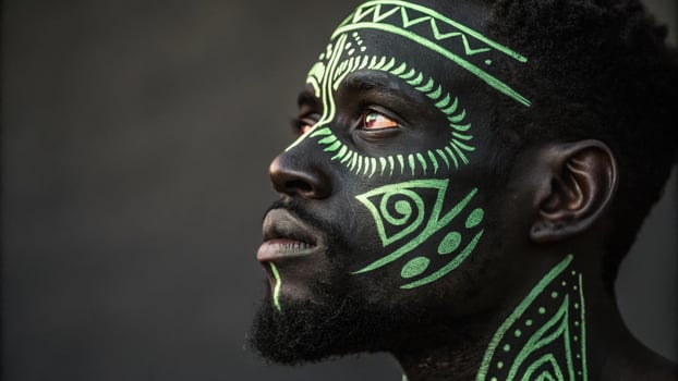 A dramatic portrait of a man with a completely black face painted strategically to emphasize his facial structure contrasted by glowing neon green tribal patterns that draw the. photo