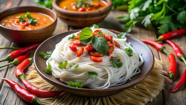 A plate of spicy rice noodles garnished with fresh basil, cilantro, and red chili slices, served with bowls of chili sauce for a flavorful kick. photo