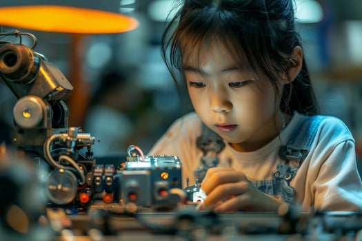 A young girl is working on a robot photo