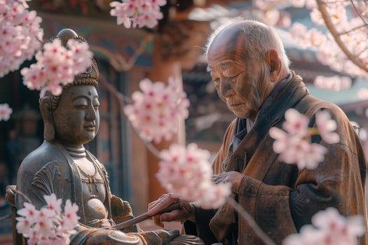 An old man is looking at a buddha statue photo