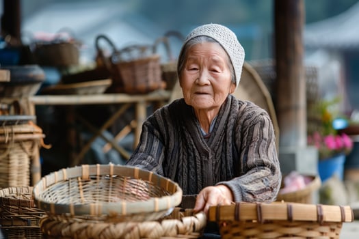 An elderly woman is holding baskets at a market photo