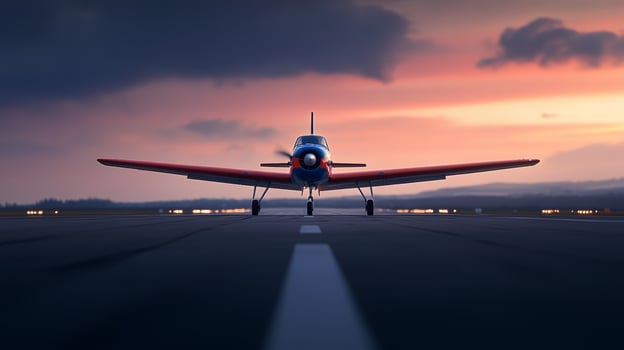 Vintage aircraft prepares for takeoff on a runway at sunset, highlighting its vibrant colors and nostalgic design photo