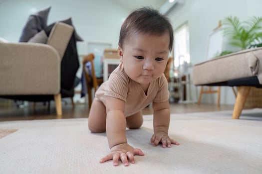 Curious baby crawling on soft rug in cozy living room exploring their surroundings photo