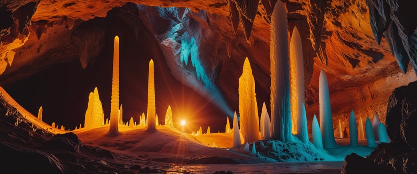 Enchanting Cave with Stalactites Illuminated by a Vibrant Sunset Creating a Magical Atmosphere and Captivating Natural Beauty in a Hidden World. photo